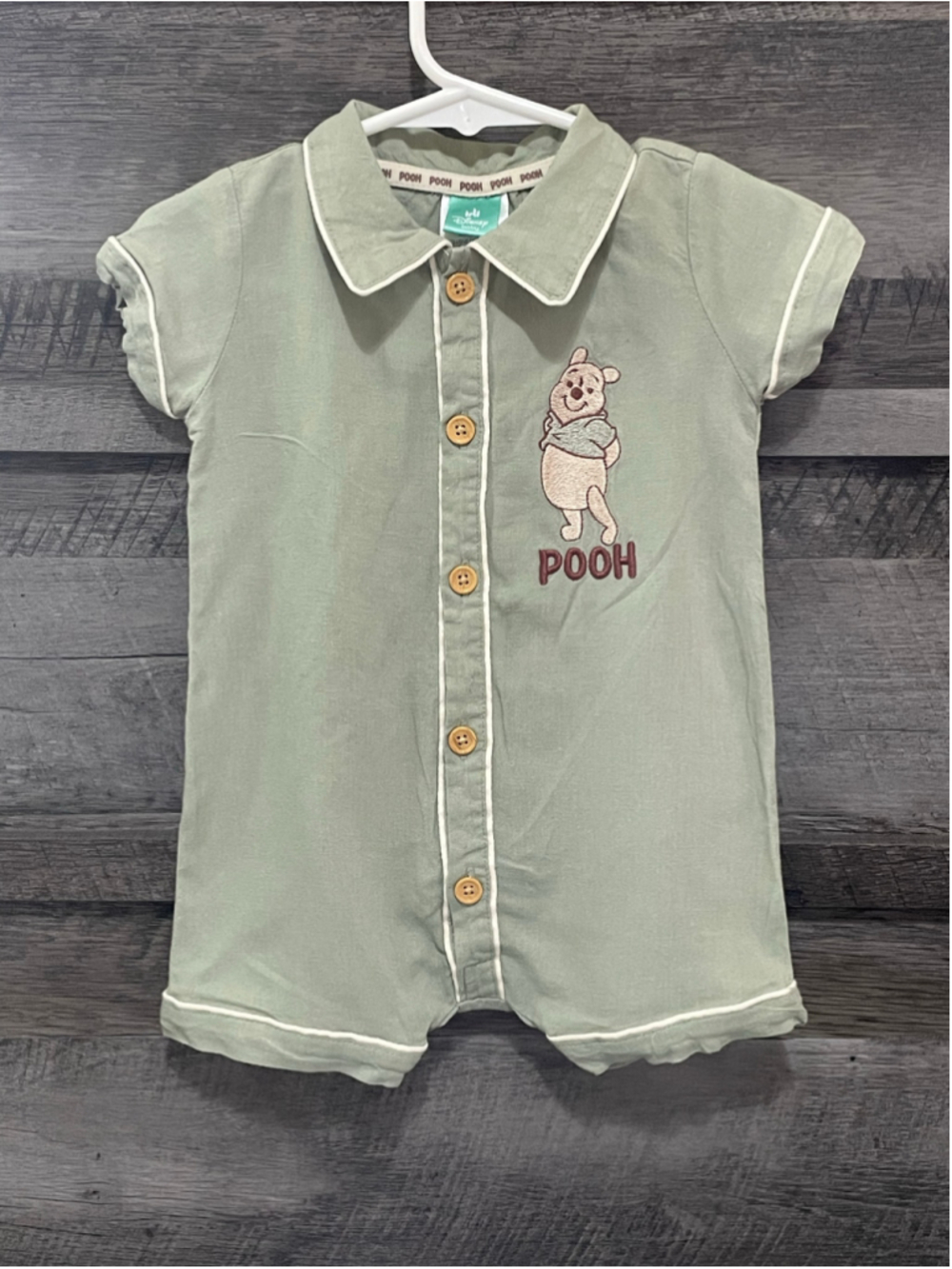 Disney baby Winnie the Pooh Oatmeal Short Sleeve Button Front Romper 6-9 Months